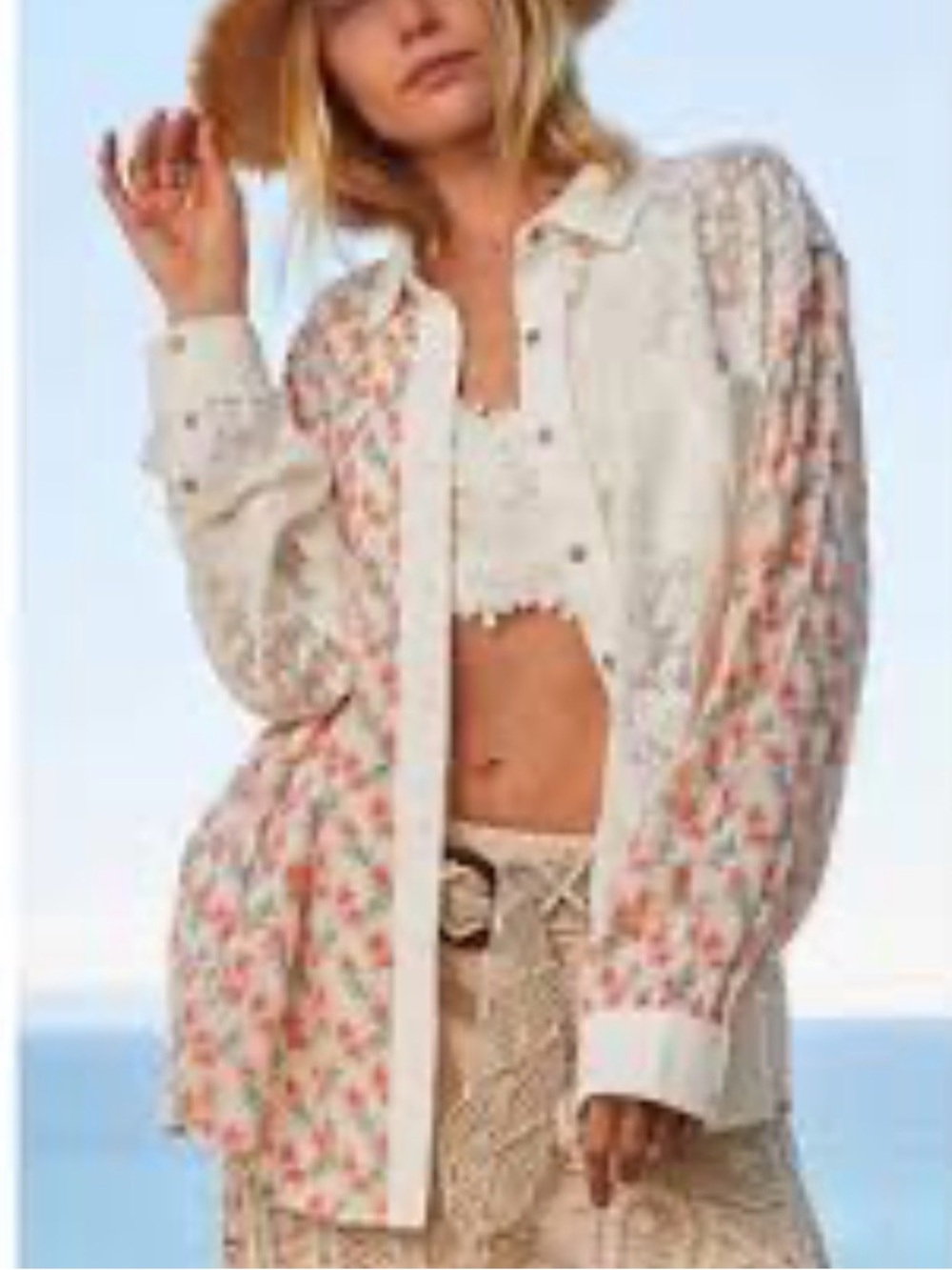 POL White Button-Up Blouse with Coral Floral Panels